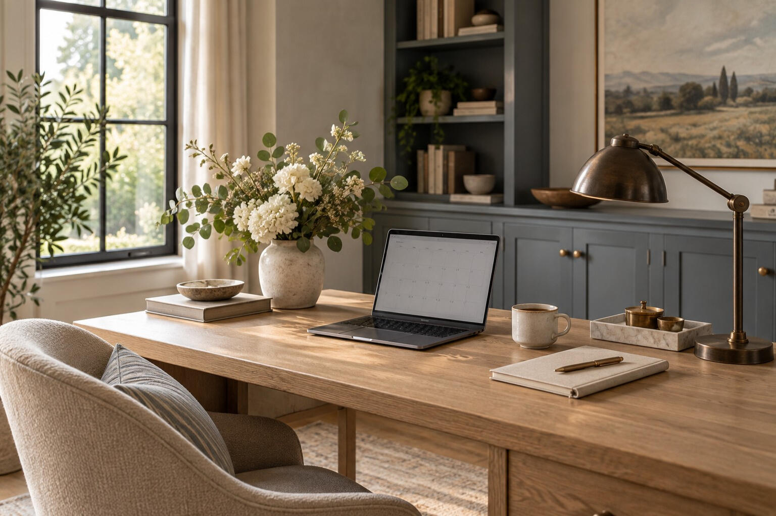 An organized home workspace with an oak desk, laptop, flowers, and bronze lamp.